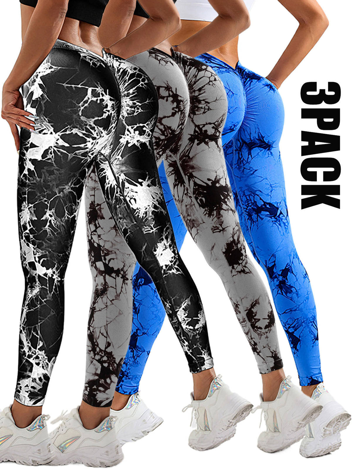 3 Pack Women's Scrunch Workout Leggings, High Waisted Butt Lifting Tie-dye V Back Waist Seamless Gym Yoga Leggings, Workout Leggings For Women Jada Leggings