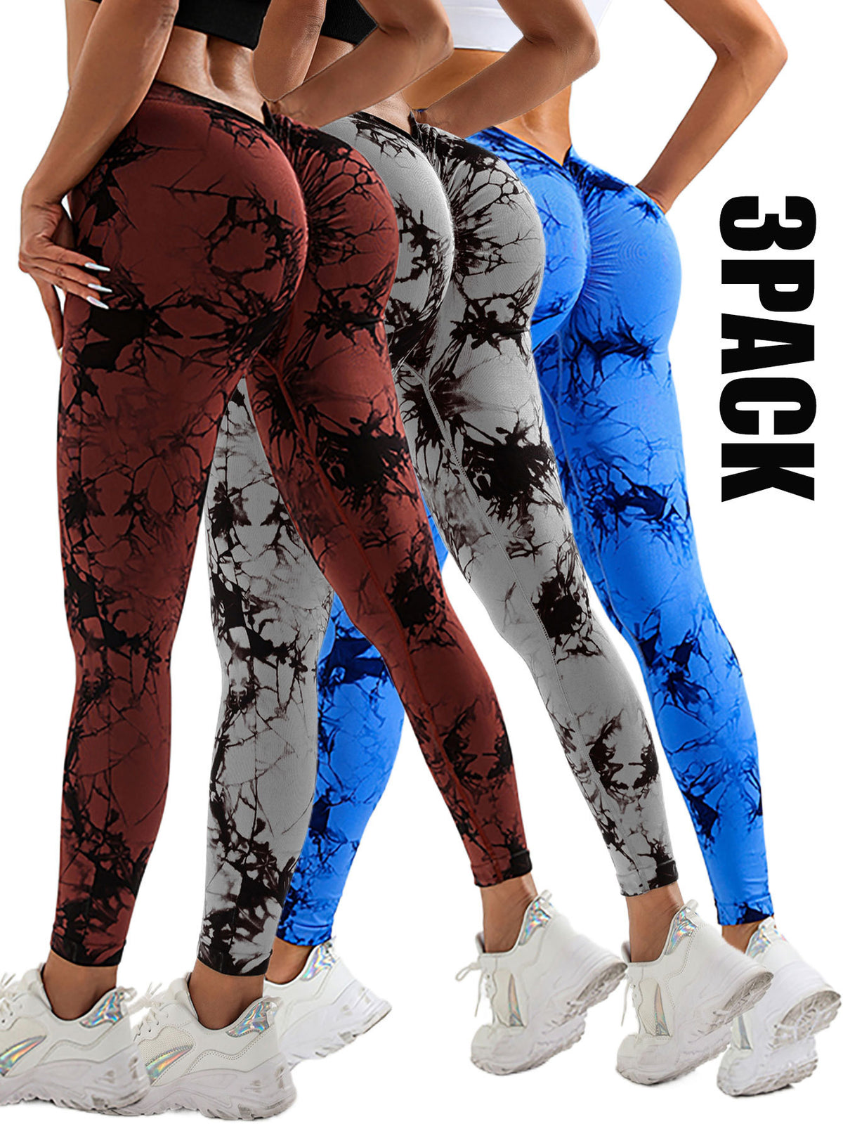 3 Pack Women's Scrunch Workout Leggings, High Waisted Butt Lifting Tie-dye V Back Waist Seamless Gym Yoga Leggings, Workout Leggings For Women Jada Leggings