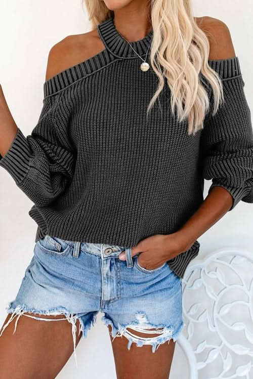 Trendy Cool Breeze Cotton Cold Shoulder Sweater | Women's Fashion Knitwear - Active Allure