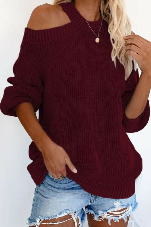 Trendy Cool Breeze Cotton Cold Shoulder Sweater | Women's Fashion Knitwear - Active Allure