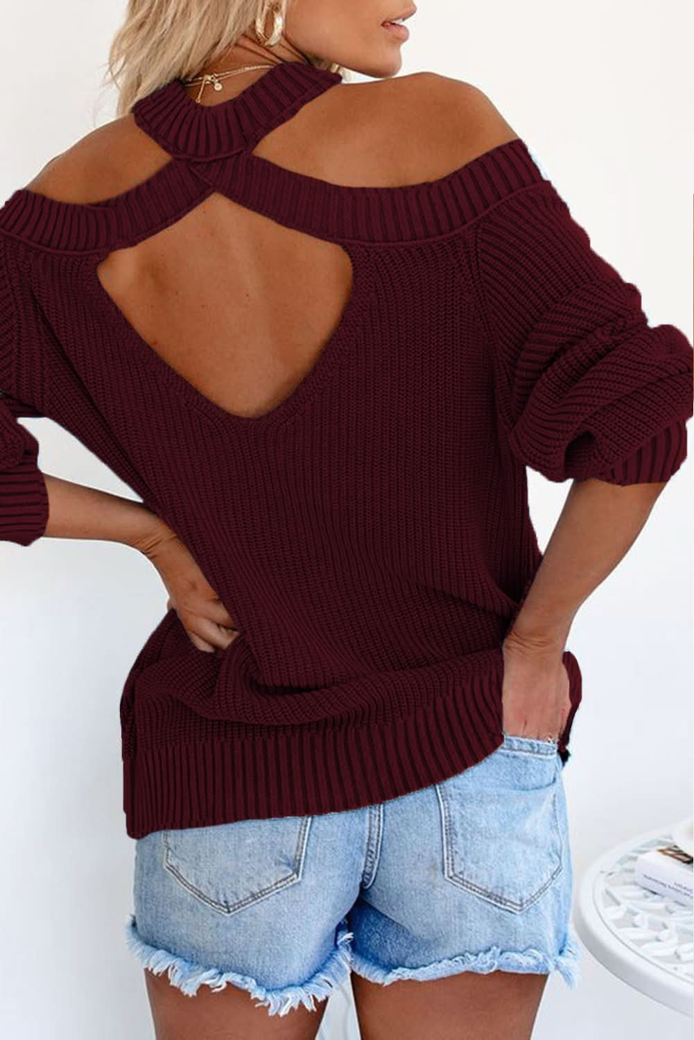 Trendy Cool Breeze Cotton Cold Shoulder Sweater | Women's Fashion Knitwear - Active Allure