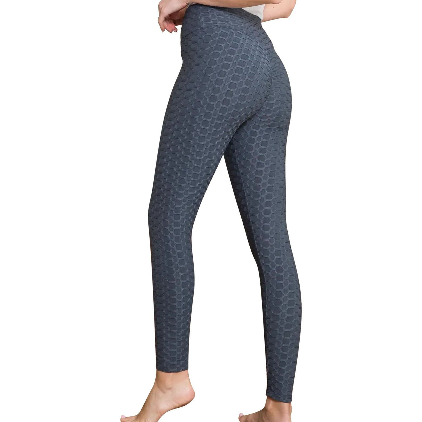 "Model wearing Women's High-Waist Bubble Stretch Leggings in Charcoal, full view"