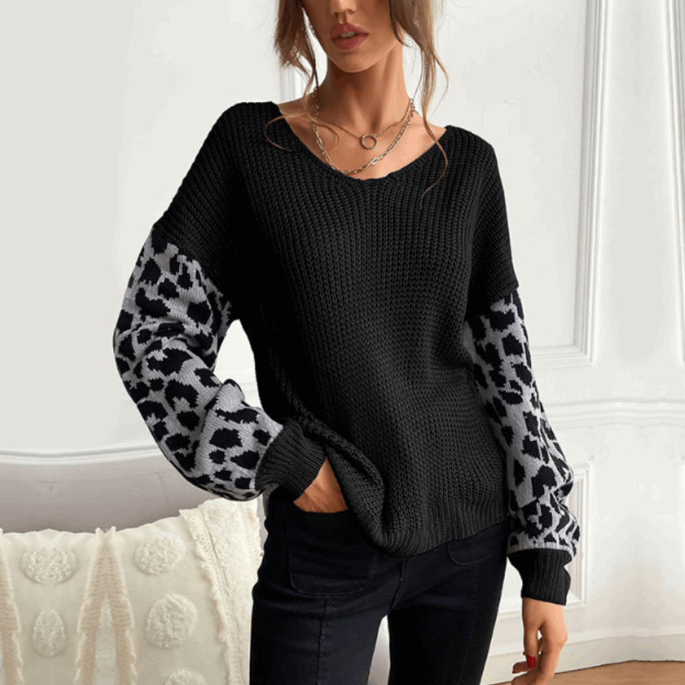 Women's V-Neck Sweater with Leopard Print Sleeves - Active Allure