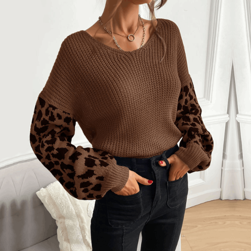 Women's V-Neck Sweater with Leopard Print Sleeves - Active Allure