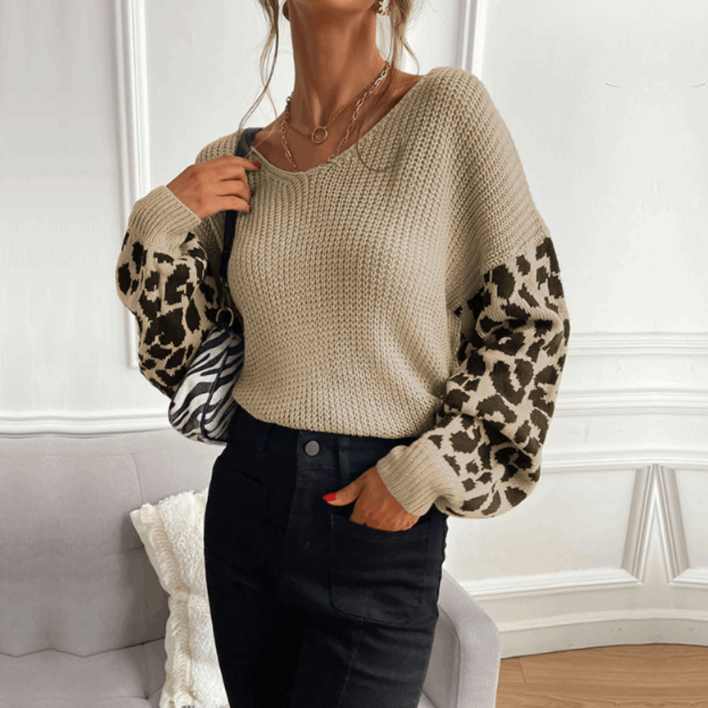 Women's V-Neck Sweater with Leopard Print Sleeves - Active Allure