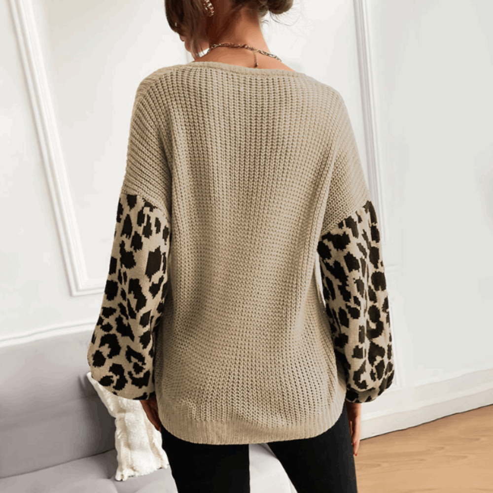 Women's V-Neck Sweater with Leopard Print Sleeves - Active Allure