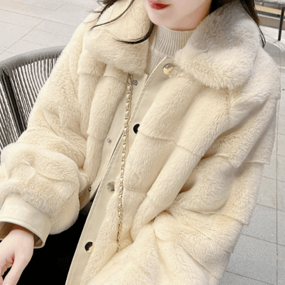 "Women’s Faux Fur Jacket with Vegan Leather Trimmed Cuffs - Luxe Winter Coat" - Active Allure