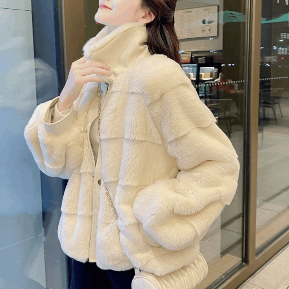 "Women’s Faux Fur Jacket with Vegan Leather Trimmed Cuffs - Luxe Winter Coat" - Active Allure