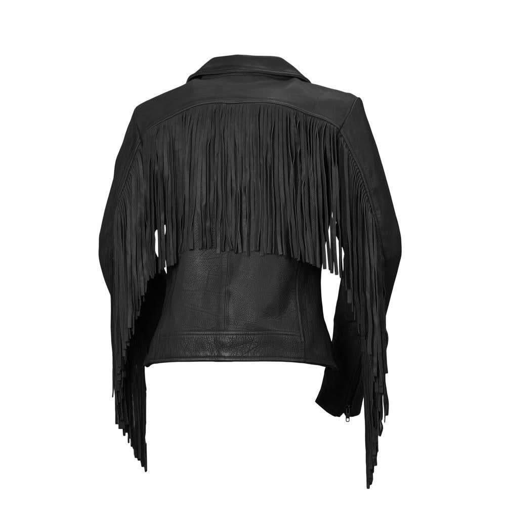  "Women's Daisy Leather Jacket in Black - Asymmetrical Collar with Tassels"