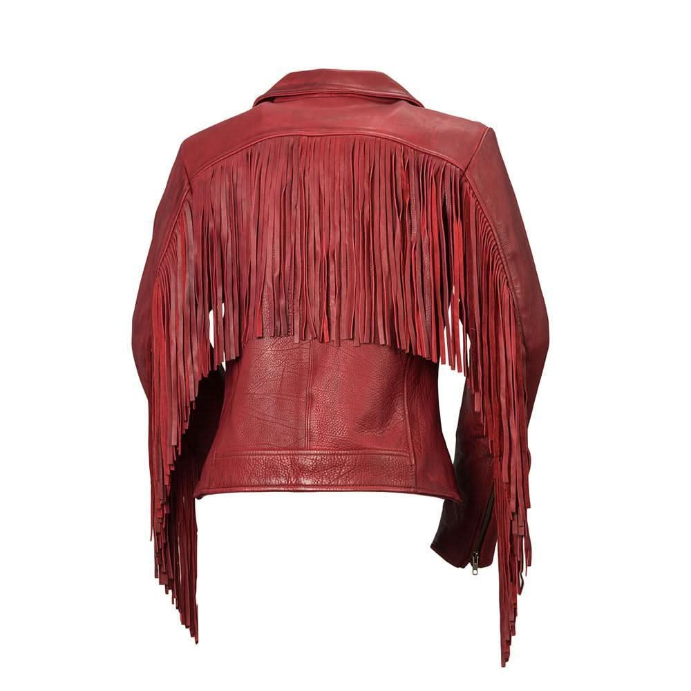 "Women's Daisy Leather Jacket in Oxblood  - Asymmetrical Collar with Tassels"