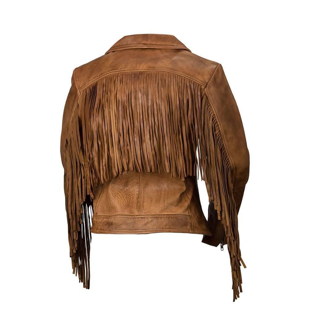 "Women's Daisy Leather Jacket in Whiskey Brown - Asymmetrical Collar with Tassels"