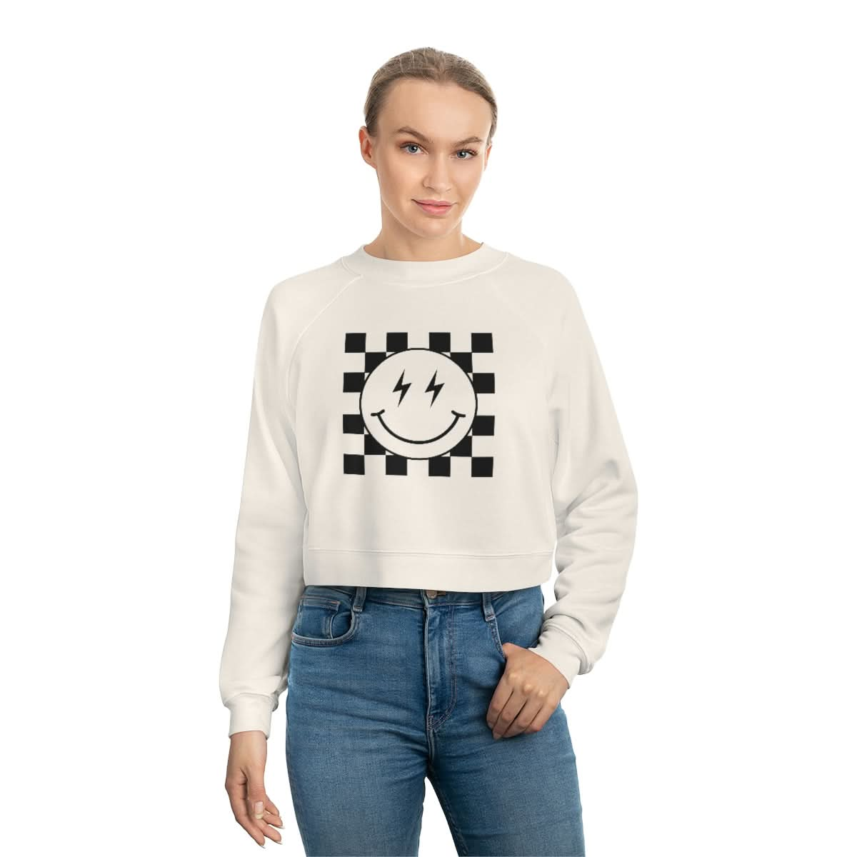 "Model wearing Women’s crop sweatshirt in beige, front view."