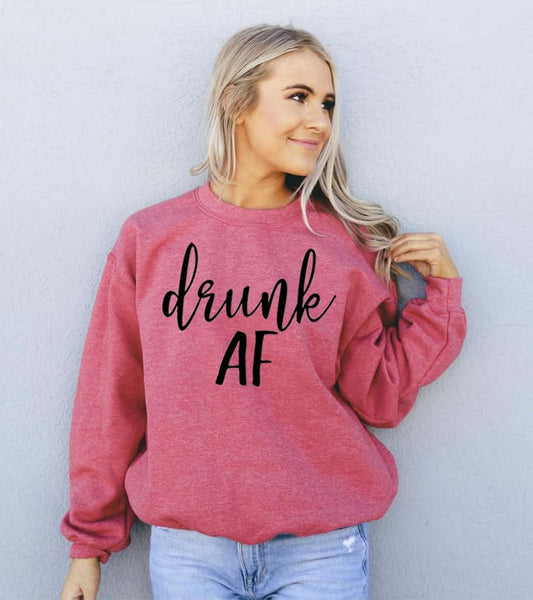 "Front view of Drunk AF Crewneck Sweatshirt in maroon."