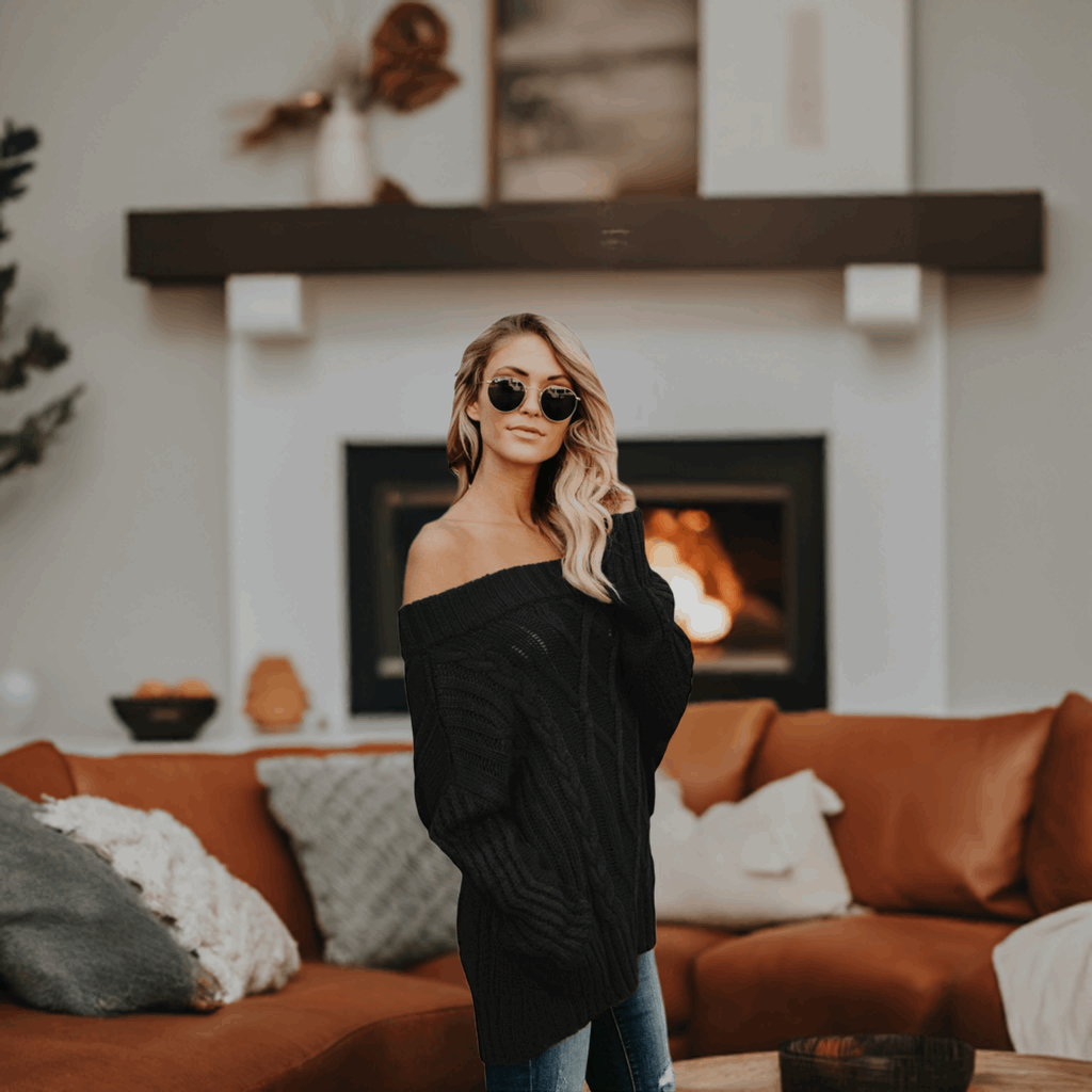 "Black Off-The-Shoulder Winter Sweater - Cozy Women's Knitwear" - Active Allure