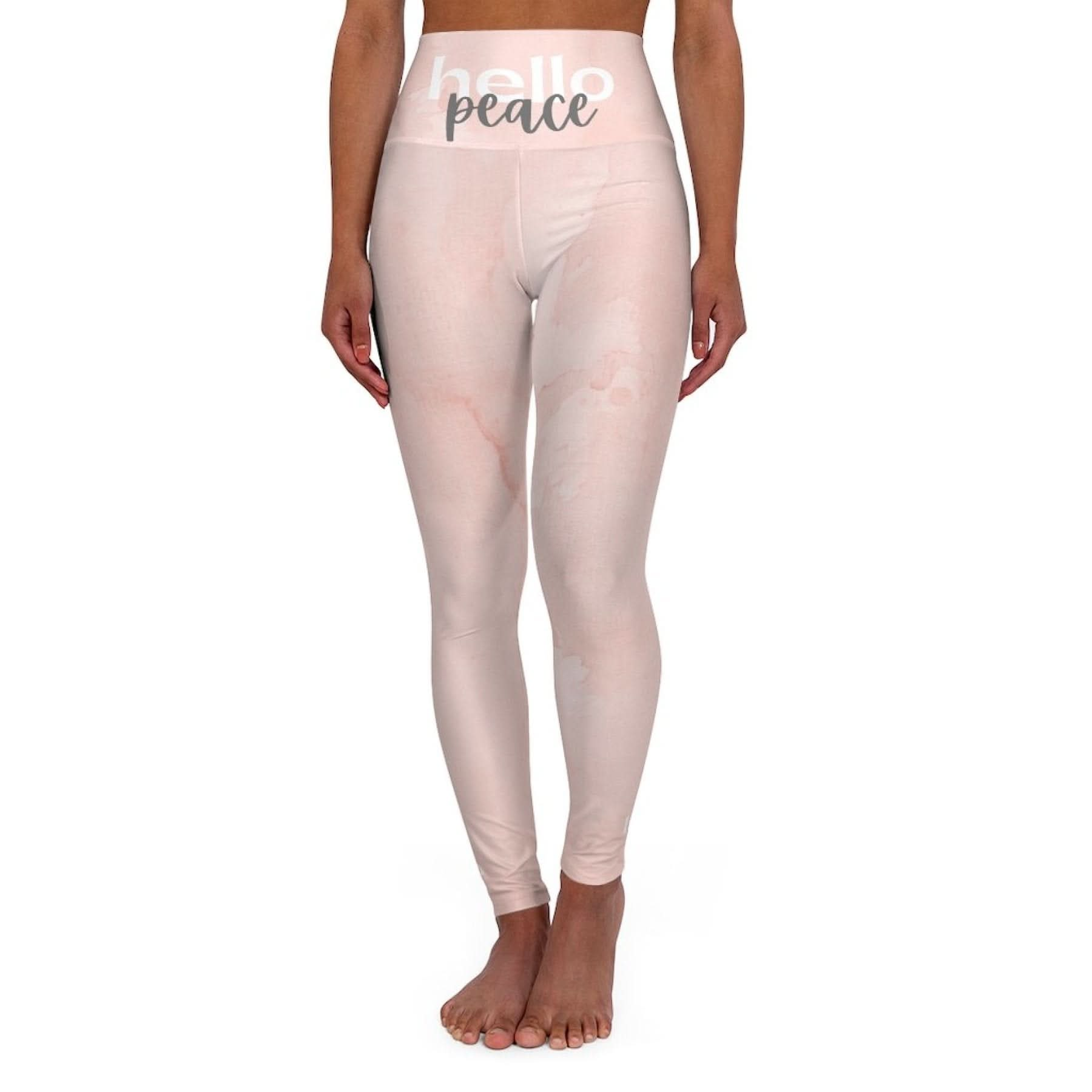 "Front view of Women’s high-waist pink peach marble yoga leggings."